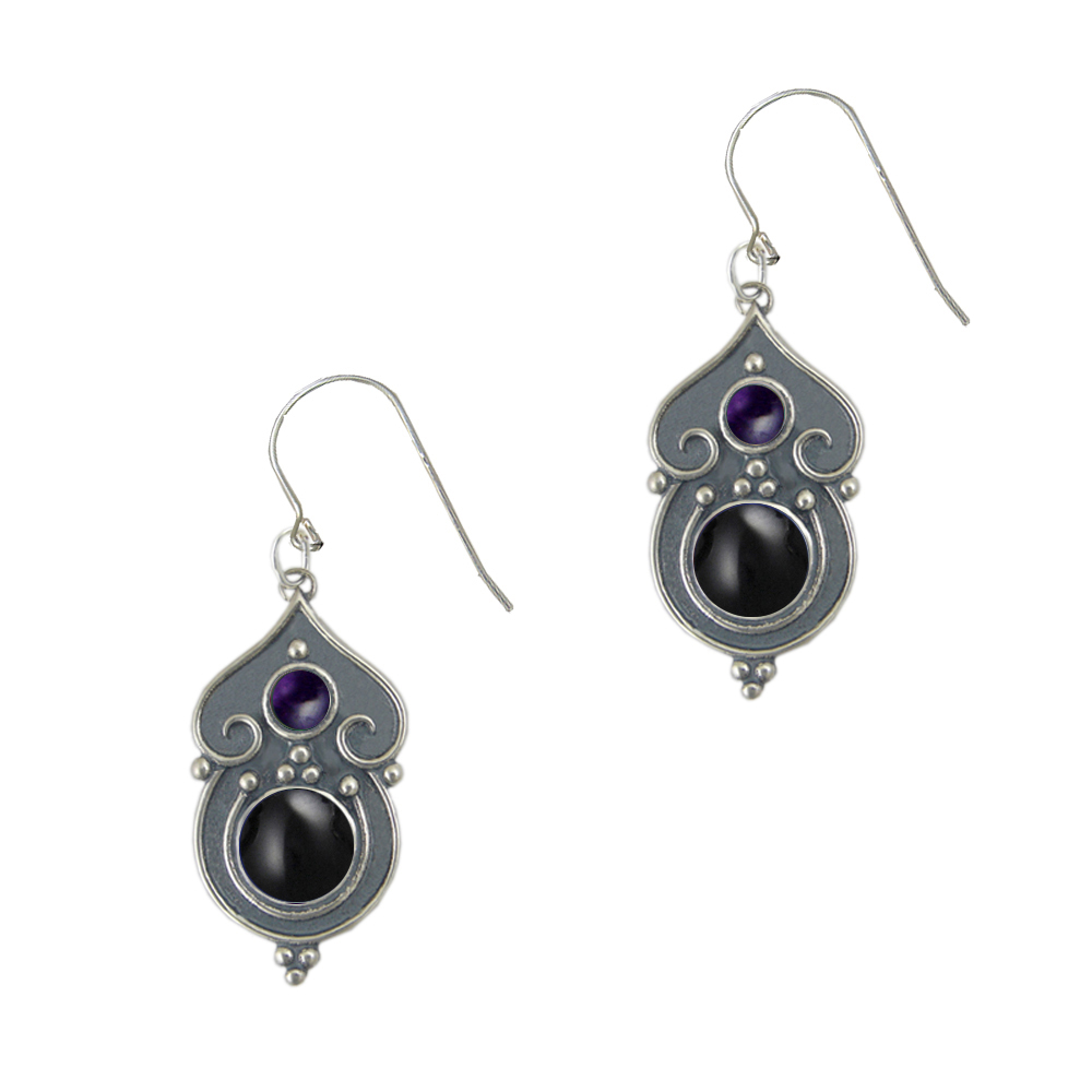 Sterling Silver Gothic Inspired Drop Dangle Earrings With Black Onyx And Amethyst